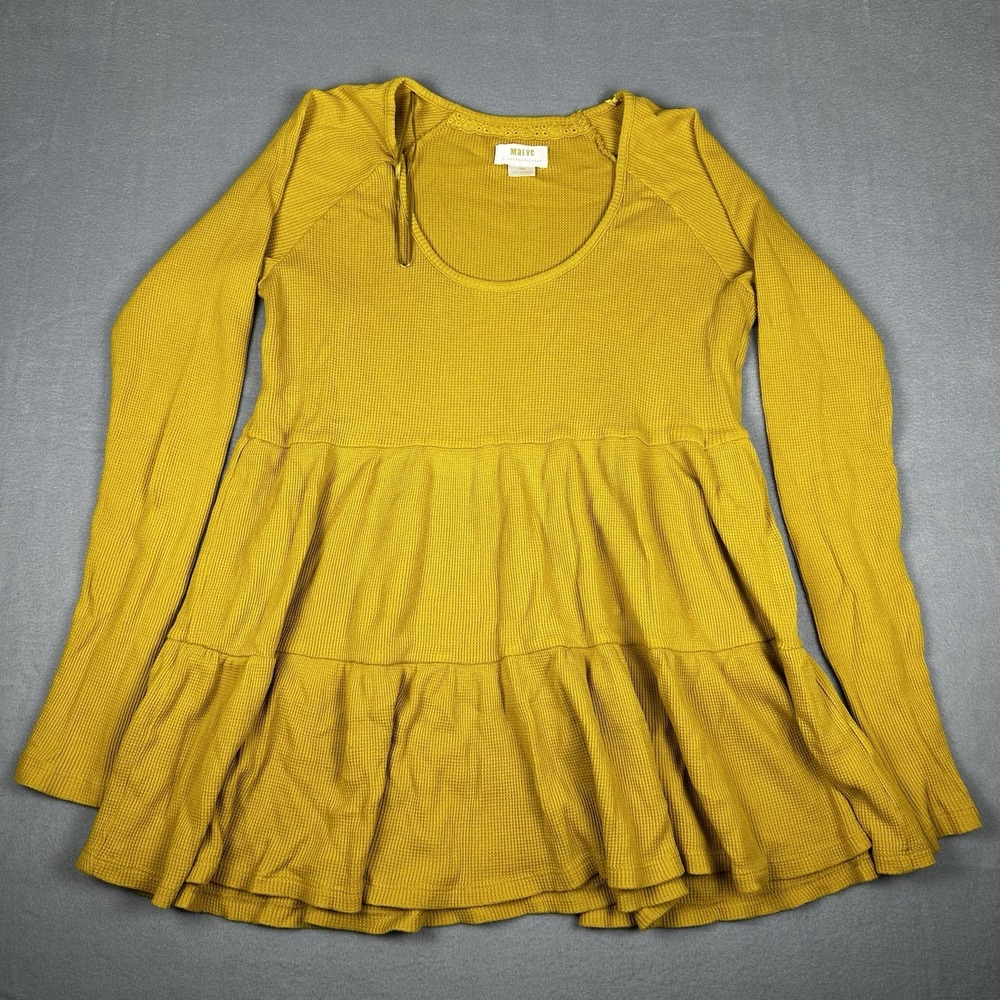 Maeve Anthropologie Waffle Knit Top Womens Small Yellow Excellent Tiered Thermal